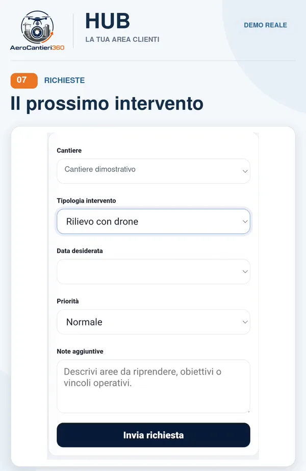 Modulo nell'HUB per inviare una richiesta di intervento relativa a un cantiere